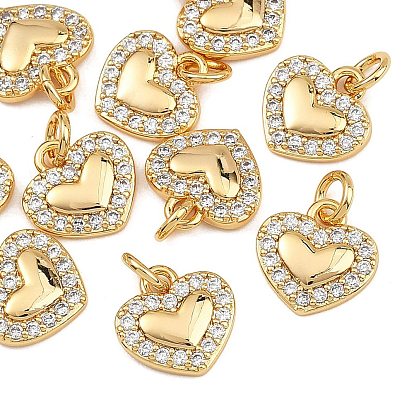SHEGRACE Valentine's Day Brass Clear Cubic Zirconia Charms, Heart Charms, Cadmium Free & Lead Free & Nickel Free