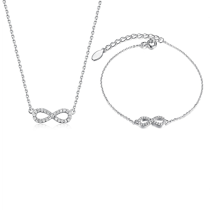 Sterling Silver Micro Pave Clear Cubic Zirconia Infinity Pendant Necklace & Link Bracelets Sets