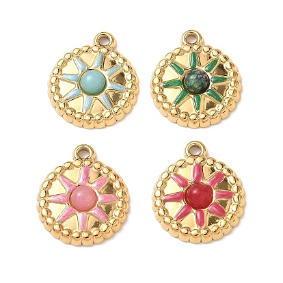 Драгоценный камень подвески, Плоское круглое украшение с подвесками в виде солнца и фурнитурой из нержавеющей стали с эмалью., вакуумное покрытие pvd, реальный 304 k позолоченный