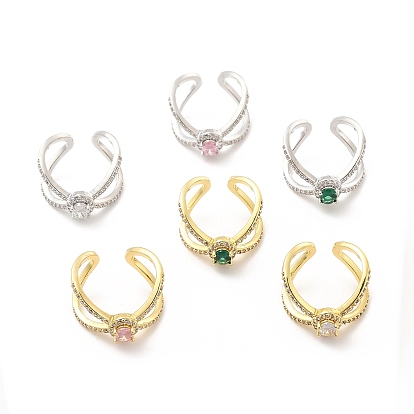 Rack Plating Brass Micro Pave Cubic Zirconia Cuff Rings, Cadmium Free & Lead Free, Long-Lasting Plated
