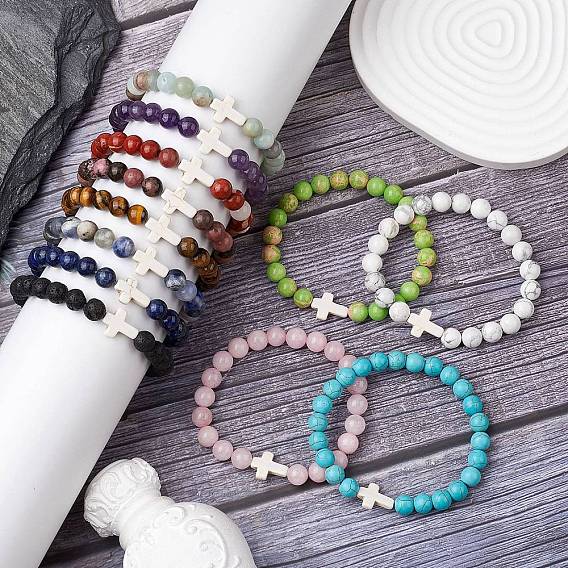 12шт. 12 стили браслеты из натуральных и синтетических драгоценных камней с круглыми бусинами для женщин и мужчин, крестик