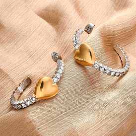 304 серьги-гвоздики в форме сердца из нержавеющей стали со стразами