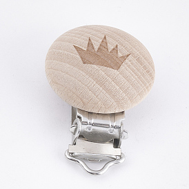 Beech Wood Baby Pacifier Holder Clips, with Iron Clips, Flat Round with Grass, Platinum
