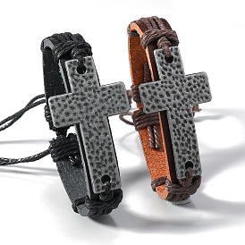 PU Leather Cord Adjustable Bracelets, Alloy Cross Link Bracelets for Men