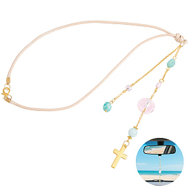 Adornos colgantes de jade blanco teñido natural, amazonita, vidrio y aleación., cruzar, con cuerda de poliéster, dorado