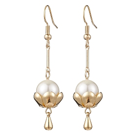 304 Stainless Steel Lotus Dangle Earrings, Shell Pearl Long Drop Earrings