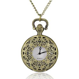 Filigree Flat Round Alloy Quartz Pocket Watches, with Iron Chains and Lobster Claw Clasps, 31.4 inch, Watch Head: 56x39x14mm, Watch Face: 28mm