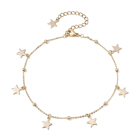 304 Stainless Steel Star Charm Anklets with Brass Satellite Chains