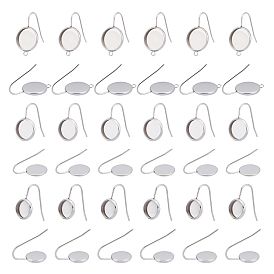 36Pcs 3 Style Flat Round 304 Stainless Steel Earring Hooks, Cabochon Settings