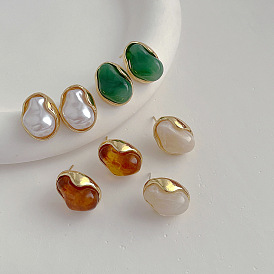 Simple niche design metal wrapped resin peas small earrings female s925 silver needle elegant and versatile earrings