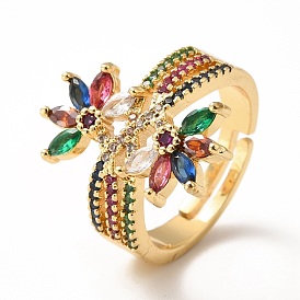 Cubic Zirconia Double Flower Adjustable Ring, Real 18K Gold Plated Brass Chunky Ring for Women, Lead Free & Cadmium Free