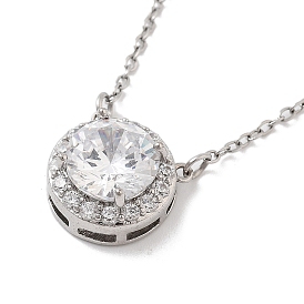 201 Stainless Steel Cable Chain Necklaces, Brass Clear Cubic Zirconia Flat Round Pendant Necklaces