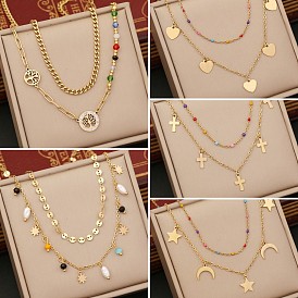 Multilayer Dripping Tree of Life Necklace Cross Heart Clavicle Chain Star Moon Stainless Steel Jewelry N1068
