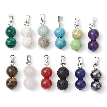12Pcs 12 Styles Twelve Constellation Mixed Gemstone Round Beaded Pendants, with 304 Stainless Steel Snap on Bails, Mixed Dyed and Undyed