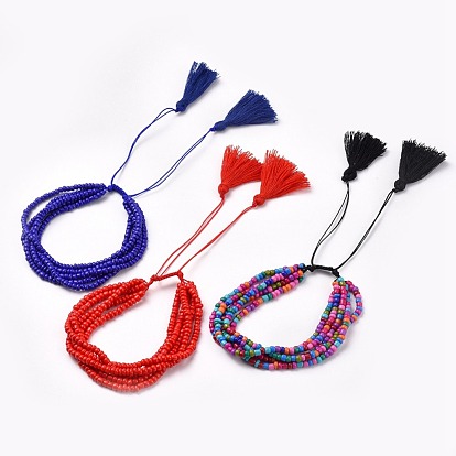 Adjustable Glass Seed Beads Braided Bead Bracelets, Multi-strand Bracelets, with Nylon Thread and Cotton Thread Tassel