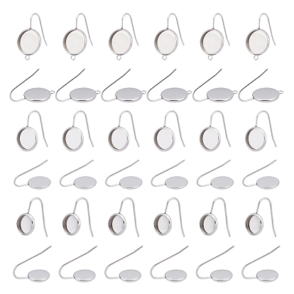 36Pcs 3 Style Flat Round 304 Stainless Steel Earring Hooks, Cabochon Settings