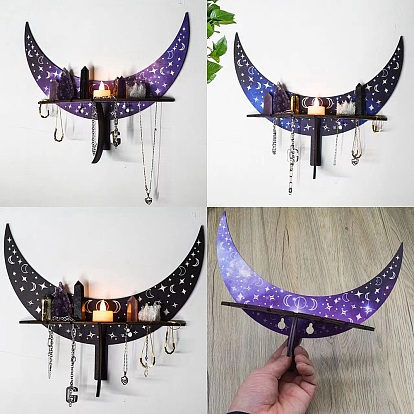 Moon Phase Crescent Wooden Crystal Shelf Jewelry Candlestick Display Stand, Wall Mounted Decorations, with Snap Fastener, for Home Room Wall Decor