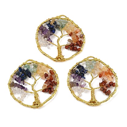 Большие подвески с бусинами в форме чакры Древа Жизни из натурального кварцевого кристалла, аметиста, лазурита, зеленого авантюрина, желтого кварца, сердолика и красной яшмы, с латунной фурнитурой 