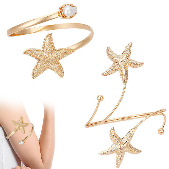 1Pc Alloy with Plastic Pearl Arm Cuff Bangles for Women, Starfish, with 1Pc Iron Upper Arm Cuff Bangles for Women, Starfish