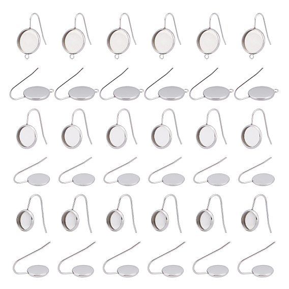 36Pcs 3 Style Flat Round 304 Stainless Steel Earring Hooks, Cabochon Settings