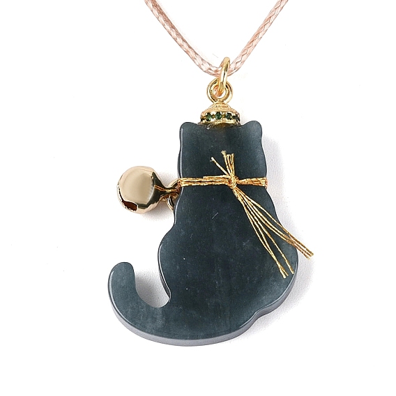 Natural Myanmar Jade Cat Pendant Adjustable Cord Necklaces, with Brass Pave Cubic Zirconia & Iron Bells, Golden