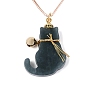 Natural Myanmar Jade Cat Pendant Adjustable Cord Necklaces, with Brass Pave Cubic Zirconia & Iron Bells, Golden