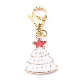Christmas Theme Alloy Enamel Pendants, with 304 Stainless Steel Lobster Claw Clasps, Christmas Tree with Star, White