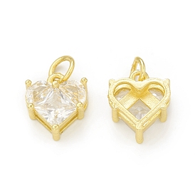 Rack Plating Brass Micro Pave Clear Cubic Zirconia Charms, with Jump Rings, Cadmium Free & Lead Free, Long-Lasting Plated, Heart Charm