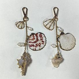 2pcs décorations pendentifs en coquillages naturels, avec fermoirs pivotants en alliage et chaînes en acier inoxydable
