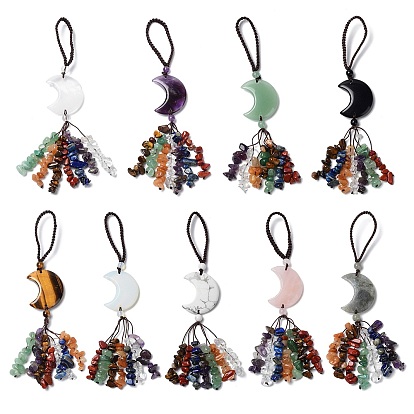 Moon Gemstone Pendant Decorations, Nylon Cord and Gemstone Chip Tassel Hanging Ornaments