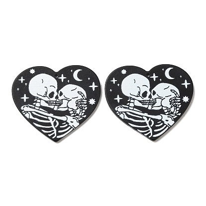 Heart with Skull Pattern Opaque Double-sided Printed Acrylic Pendants, for Halloween