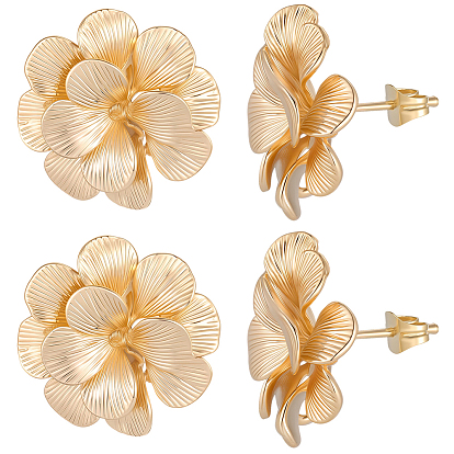 5 Pairs Brass Stud Earring Findings, with Loop, Flower