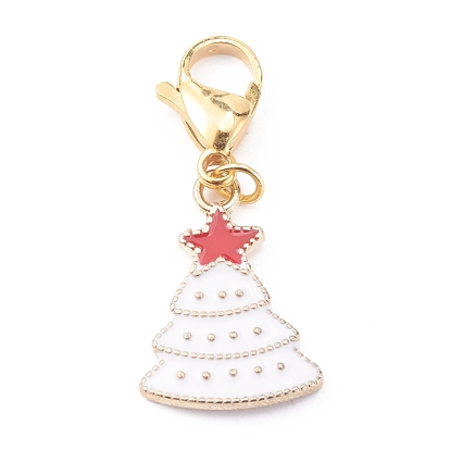 Christmas Theme Alloy Enamel Pendants, with 304 Stainless Steel Lobster Claw Clasps, Christmas Tree with Star, White