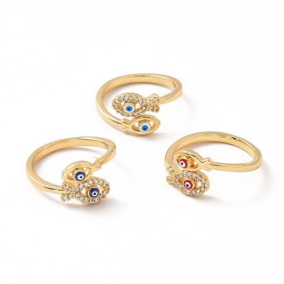Zircone cubique poisson jésus avec mauvais œil anneau de manchette ouvert avec émail, bijoux en laiton plaqué or véritable 18k pour femmes, sans plomb et sans cadmium