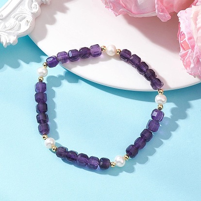 Эластичные браслеты для женщин из натурального аметиста и культивированного пресноводного жемчуга., кубические, с латунной бисера