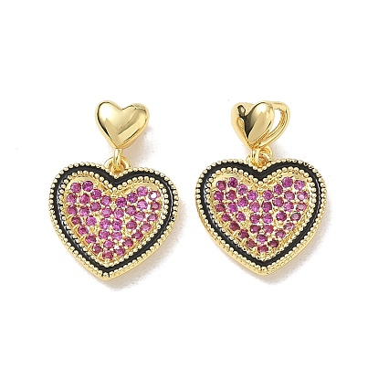Brass Micro Pave Medium Violet Red Cubic Zirconia with Black Enamel Charms, Heart Charms, Cadmium Free & Lead Free, Rack Plating, Long-Lasting Plated