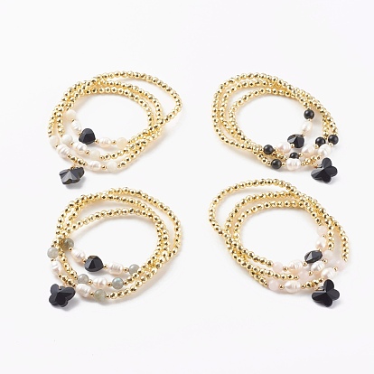 Brass Stretch Charm Bracelets Sets, with Gemstone Beads, Non-magnetic Synthetic Hematite Beads, Glass Beads and Natural Pearl Beads, Heart & Butterfly