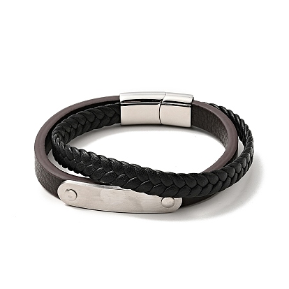 Microfiber Leather Braided Double Loops Multi-strand Bracelet with 304 Stainless Steel Magnetic Clasp for Men Women