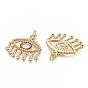 Brass Micro Pave Clear Cubic Zirconia Pendants, with Jump Rings, Long-Lasting Plated, Horse Eye with Flat Round Charms