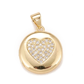 Brass Micro Pave Cubic Zirconia Locket Pendants, Photo Frame Charms for Necklaces, Real 18K Gold Plated, Lead Free & Cadmium Free, Flat Round with Heart