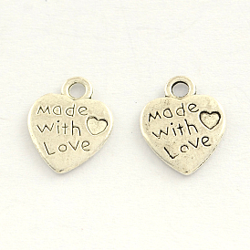 Tibetan Style Zinc Alloy Charms, Cadmium Free & Lead Free, Heart Carved Words Made with Love, For Valentine's Day, 12x9.5x1mm, Hole: 2mm, about 2000pcs/1000g