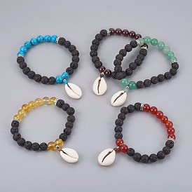 Cowrie Shell Charm Stretch Bracelets, with Gemstone Beads and Tibetan Style Alloy Spacers Beads