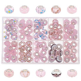Handmade Lampwork European Beads, Large Hole Rondelle Beads, with Platinum Tone Brass Double Cores, Rondelle