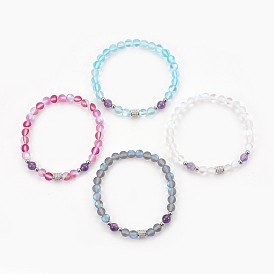 Synthetical Moonstone and Natural Amethyst Beads Stretch Bracelets, with Metal Findings, Round