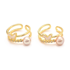 Brass Micro Pave Cubic Zirconia Cuff Rings, Open Rings, with Natural Fresh Water Pearl & Shell, Long-Lasting Plated, Butterfly
