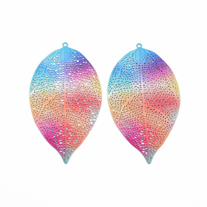 430 Stainless Steel Filigree Big Pendants, Spray Painted, Etched Metal Embellishments, Leaf