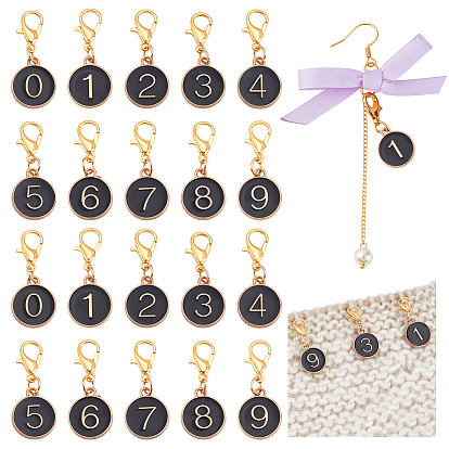 20 шт. 10 стили, подвесные маркеры с эмалью из сплава и фиксирующими стежками, Сплав с застежками когтя омара, плоские круглые с номером 0~9