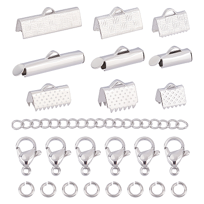 DIY Jewelry Making Finding Kit, Including 304 Stainless Steel Slider End Caps & Ribbon Crimp Ends & End Chains & Lobster Claw Clasps & Open Jump Rings