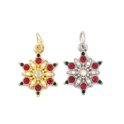 Rack Plating Alloy Rhinestone Pendants, Flower Charms, with ABS Imitation Pearl Beads and Jump Ring