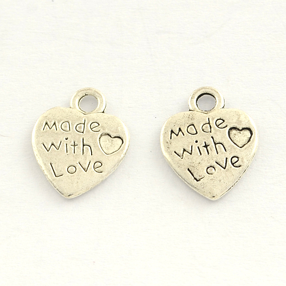 Tibetan Style Zinc Alloy Charms, Cadmium Free & Lead Free, Heart Carved Words Made with Love, For Valentine's Day, 12x9.5x1mm, Hole: 2mm, about 2000pcs/1000g